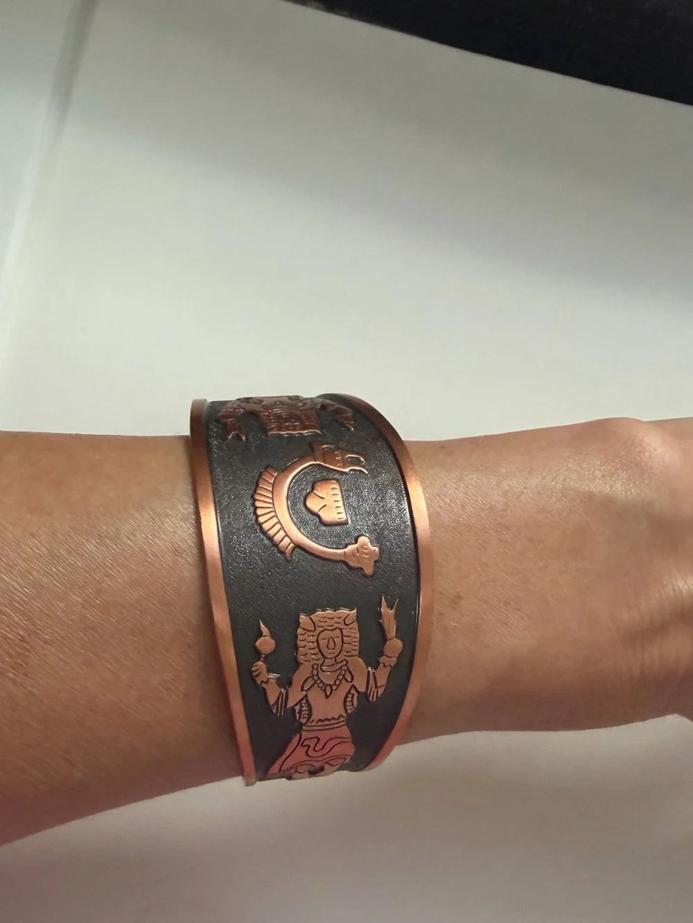 Stamped Genuine Copper and Black Men's Etched Cuff Bracelet